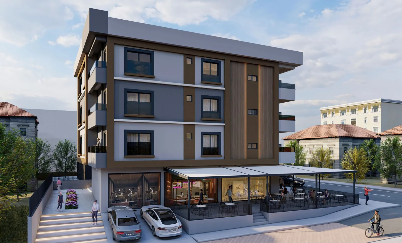 Cadde karşısındaki projenin tamamlandığındaki hâlini gösteren görselleştirme. Köşede kafe, üst katlarda balkonlu daireler ve çatıda H YAŞAR İNŞAAT logosu