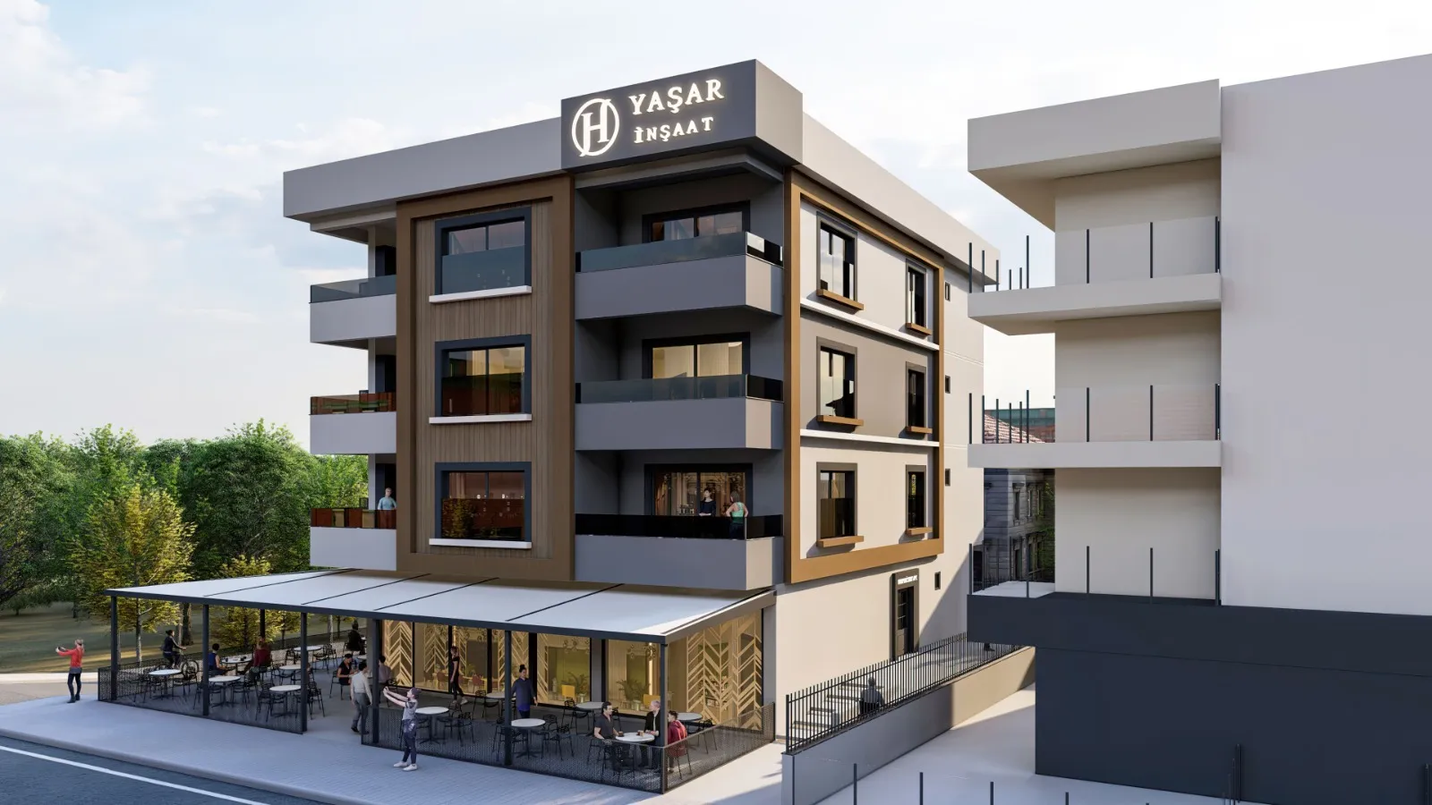 Cadde karşısındaki projenin tamamlandığındaki hâlini gösteren görselleştirme. Zemin katta kafe, üst katlarda daireler ve çatıda H YAŞAR İNŞAAT logosu